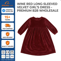 Robe trapèze en velours rouge bordeaux à manches longues pour filles, avec logo personnalisé, idéale pour les fêtes d'automne, vêtements de luxe basiques pour enfants, vente en gros B2B