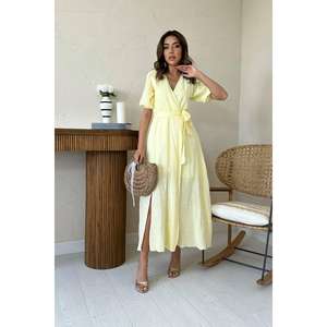 Robe en mousseline de lin jaune à double boutonnage, taille naturelle, coupe ample, respirante, pour usage quotidien décontracté - Product Image 4