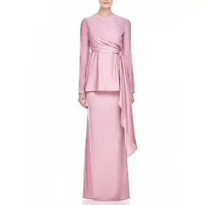 Best Selling Two Piece Set Modern Islamic Clothing Abaya Y Melayu Designs Peplum Satin Women Baju Kurung Budak