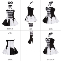 Costume de cosplay Harlequin noir et blanc pour femmes, ensemble de 6 pièces avec corset imprimé diamant et bordure à clochettes pour fête d'Halloween et scène