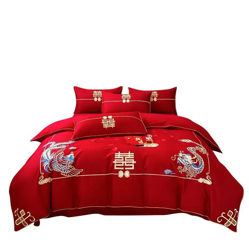 Ensemble de quatre pièces en coton brodé de coton à fibres longues de mariage de haute qualité grand drap de lit rouge soie lavée