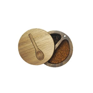 Acacia Wood Double Compartment <b>Spice</b> <b>Jar</b> Flip Top Lid Freshness Preservation Kitchen Use Solid Wood Rotating Container - Product Image 5