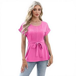 Camiseta de Manga Corta con Cuello Redondo y Volantes en la Cintura, Color Sólido, para Mujer, Estilo Europeo Americano, Venta al Por Mayor - Product Image 1