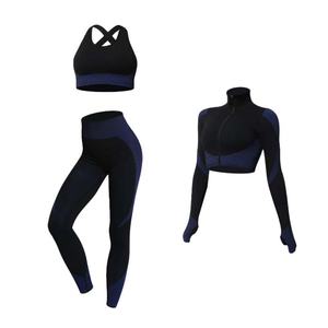 Conjunto Deportivo de 3 Piezas para Mujer al por Mayor, Top Corto de Manga Larga, Pantalones, Conjunto de Yoga, Ropa Deportiva, Conjuntos de Gimnasio sin Costuras para Mujer - Product Image 4