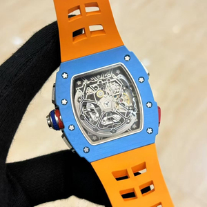 Montre mécanique squelette automatique chronographe à secondes partagées style Tonneau en fibre de carbone, bracelet en caoutchouc, modèle Blue Orange RM 65-01 - Product Image 5