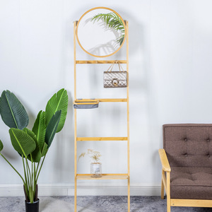 Étagère murale en bambou avec miroir rond, organiseur d'entrée tout-en-un avec paniers en tissu suspendus et <span class=keywords><strong>porte</strong></span>-<span class=keywords><strong>manteau</strong></span> pour salle de bain - Product Image 2