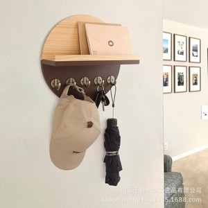 Wooden <b>Wall</b> <b>Mounted</b> Key Hook Rack Round <b>Shelf</b> Brown Multipurpose Entryway Storage Flush Mounting - Product Image 3