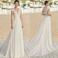 Robe de mariée LY-WD0221, robe de mariée, jupe de mariée, en mousseline de soie, dentelle, col en V, manches courtes, traîne brossée, élégante, blanc ivoire