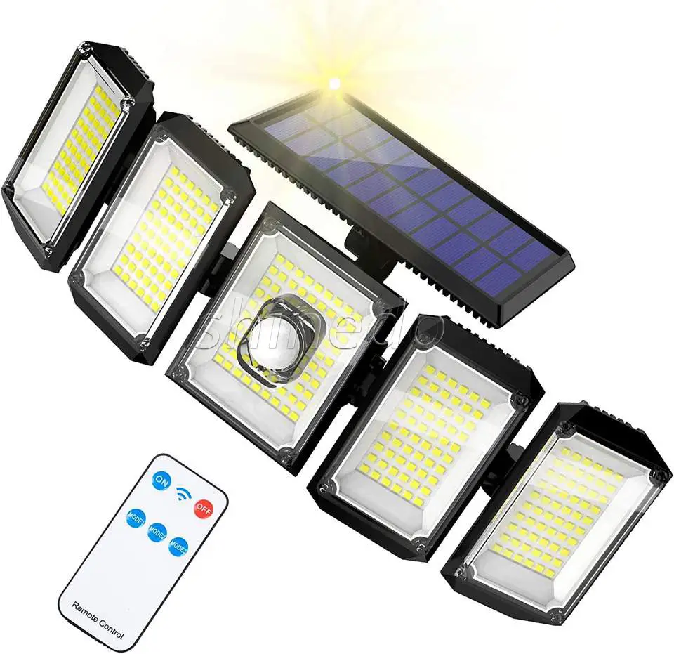 Luz de seguridad solar 300 LED IP65 sensor de movimiento impermeable al aire libre 5 cabeza control remoto luz de pared luz solar