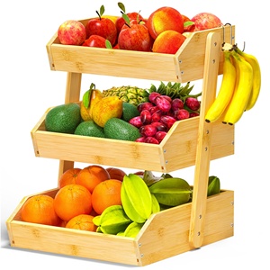 Cesto di frutta di bambù con 2 appendiabiti <span class=keywords><strong>a</strong></span> Banana di bambù di grande capacità porta frutta <span class=keywords><strong>a</strong></span> 3 livelli per bancone cucina - Product Image 1