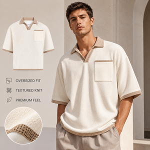 Polos Oversize para Hombre, Camiseta Polo de Punto Texturizado, Corte Relajado, Hombros Caídos, Bolsillo en el Pecho, Mezcla de Algodón, Sensación Premium, Estilo Casual - Product Image 1