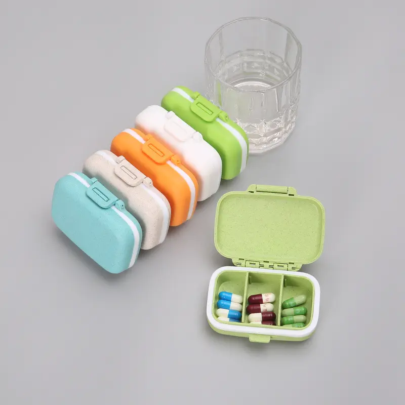 Xách tay hàng ngày hàng tuần nhựa rơm lúa mì 3 khoang du lịch y học Pill lưu trữ trường hợp Pill Box Organizer