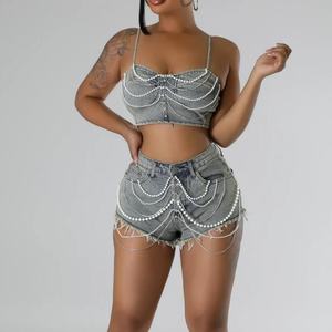 Conjunto de Dos Piezas de Mezclilla Sexy para Mujer, Top Corto con Tirantes Finos y Pantalones Cortos con Estampado Y2K Lavado, para Verano, Estilo Casual - Product Image 1