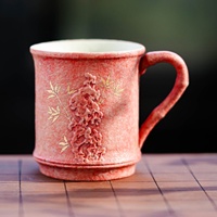 Tasse en céramique de style chinois avec poignée en bambou, motif pierre de Taihu, contour or rose, rouge silex, pour thé et café, cadeau