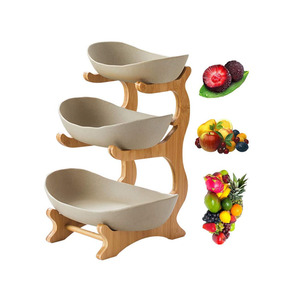 Home 3 Tier Fruit Bowl Bamboo Wood Stand Green Ceramic Dish <strong>Table</strong> Decoration Fruit <strong>Basket</strong> - Product Image 1