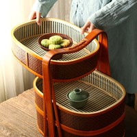Panier de pique-nique chinois vintage en bambou, panier à nourriture tressé en bambou à plusieurs niveaux avec poignée, panier de rangement traditionnel en bambou