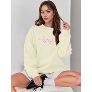 เสื้อสเวตเชิ้ตผู้หญิง FOXA สีชมพู ปักลายโบว์ ไหล่ตก แขนยาว สไตล์โคเควตต์ ผ้าคอตตอนผสม ทอแบบนิตติ้ง - Product Image 4