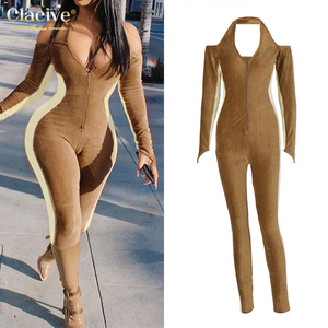 Clacive aceptado proveedores otoño cremallera mamelucos monos V cuello Halter Color sólido Fitness Bodycon mujer trajes Sexy - Product Image 1