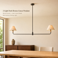 Lustre suspendu linéaire à 2 lumières YH pour îlot de cuisine moderne, avec accent en bois naturel et abat-jour conique en lin, idéal pour salle à manger