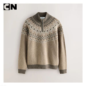 BSCI Certification Sweater Factory Custom logo Men Cotton Polyester Vintage Fit Fairisle Pattern Quarter <b>Zip</b> Neck <b>Jumper</b> Sweater - Product Image 2