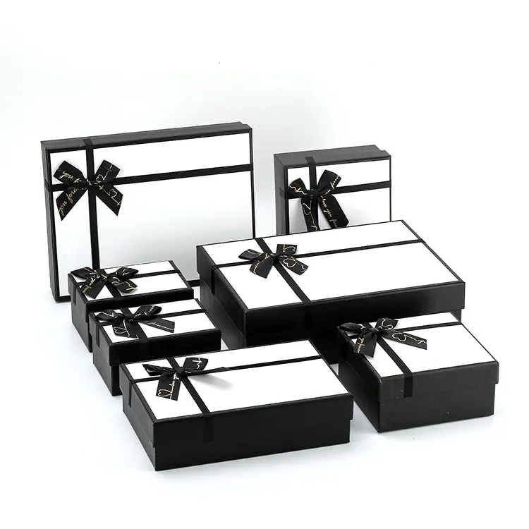 Boîtes rigides en papier kraft noir et blanc, emballage personnalisé de luxe en carton, différentes tailles, pour <span class=keywords><strong>cadeaux</strong></span> de mariage, avec ruban, 50 unités