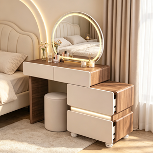 Coiffeuse minimaliste moderne avec miroir ovale éclairé et tiroirs de rangement, table de maquillage pour chambre à coucher avec tabouret - Product Image 4