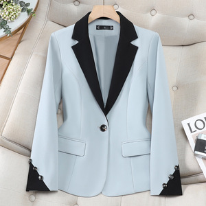 Women's Red Blazer With Black Lapel And Cuffs Slim Fit Solid Color Wool Blend Suit Top For Office Wear - Product Image 2