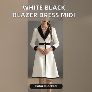 Robe Blazer Femme Blanche et Noire Contrastée - Manches Longues Ceinturée Formelle Mi-Longue Été Streetwear Respirante Naturelle pour la Mode - Product Image 2