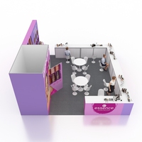 Stand d'exposition interactif modulaire 20x20 pour salons professionnels, avec tables de réunion pour échantillonnage de produits et consultances