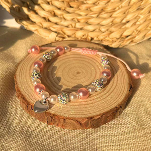 Heart Shape <b>Beaded</b> <b>Bracelet</b> With Daughter Charm Pink Pearl Crystal Rhinestone Women's Jewelry Gift - Product Image 3