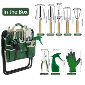 All-in-One Garden Tool Set, 10-Piece Heavy Duty Gardening Tools with Folding Stool,Rust-Proof Premium Garden Tool Kit