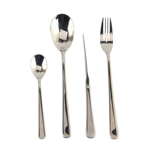 elegant flatware features flaring <b>handles</b> and subtle <b>bands</b> that highlight the narrow necks and wide tips Flatware Set - Product Image 3