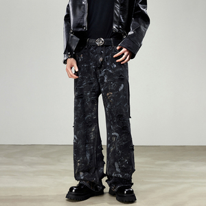 <span class=keywords><strong>Abrasion</strong></span> de rue haute de Style américain sans restriction déchirant les grands dommages Graffiti Flare <span class=keywords><strong>Jeans</strong></span> Vintage Straight Print Distressed