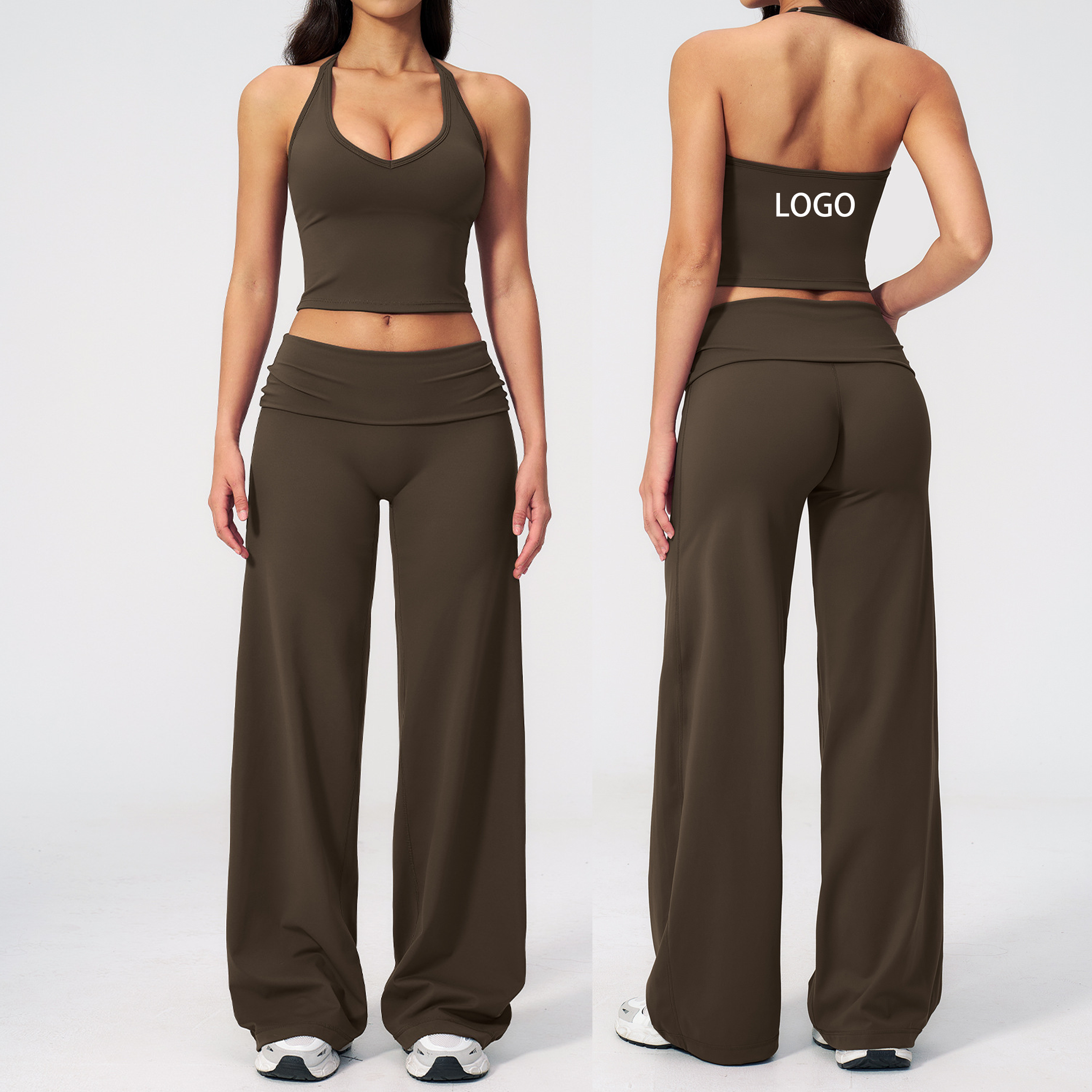 2-Piece Yoga Outfit with Halter Tank Top & Fold-Over Waist Wide Leg Pants Loose Pants Athletic Wear Gym Sports Activewear Set