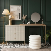 Ensemble coiffeuse crème cannelée, bureau de maquillage pliable en métal doré avec miroir rond, coffre de rangement pour chambre à coucher
