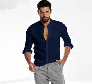 Nuova <span class=keywords><strong>Camicia</strong></span> Hawaiana da Uomo a Maniche Lunghe, in Lino Tinta Unita, Casual, Leggera, Vestibilità Dritta, Collo Coreana - Product Image 2