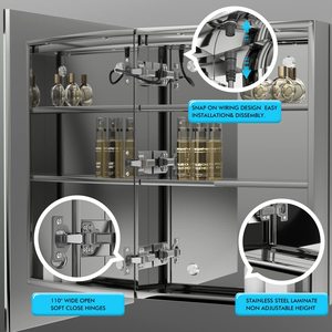 Moderno espejo de <span class=keywords><strong>baño</strong></span> <span class=keywords><strong>con</strong></span> estantes de vidrio templado interno montado en la pared de acero inoxidable <span class=keywords><strong>con</strong></span> gabinete de almacenamiento <span class=keywords><strong>y</strong></span> <span class=keywords><strong>luz</strong></span> LED - Product Image 3