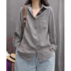 Women's Cotton Linen Long Sleeve Shirt Red Loose Fit Vintage Casual Blouse Everyday Wear ZY-693 - Product Image 2