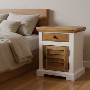 White And Brown Solid Mango Wood Nightstand With Drawer And <b>Cabinet</b> <b>Rustic</b> Bedroom Furniture - Product Image 2