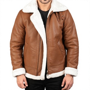 Veste en cuir véritable marron pour homme avec doublure en fausse fourrure, fermeture éclair, style motard, vêtement d'hiver - Product Image 1