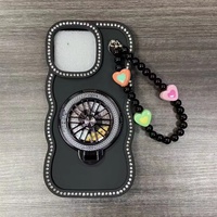 Coque de téléphone en TPU avec chaîne en forme de cœur pour iPhone 17 16 15 14 13 12 11 et Redmi 15C 154C 13C, avec support rotatif et diamants, tendance