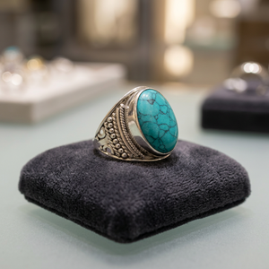 Turquoise Gemstone Rhodium Plated 925 Sterling Silver Cocktail <b>Ring</b> Bohemian Style Bezel Setting Unisex Wedding Everyday Wear - Product Image 3