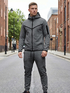 Ensemble sweat-shirt à capuche zippé gris pour homme, en molleton de coton, pantalon de jogging, streetwear personnalisé, vêtements d'hiver - Product Image 2
