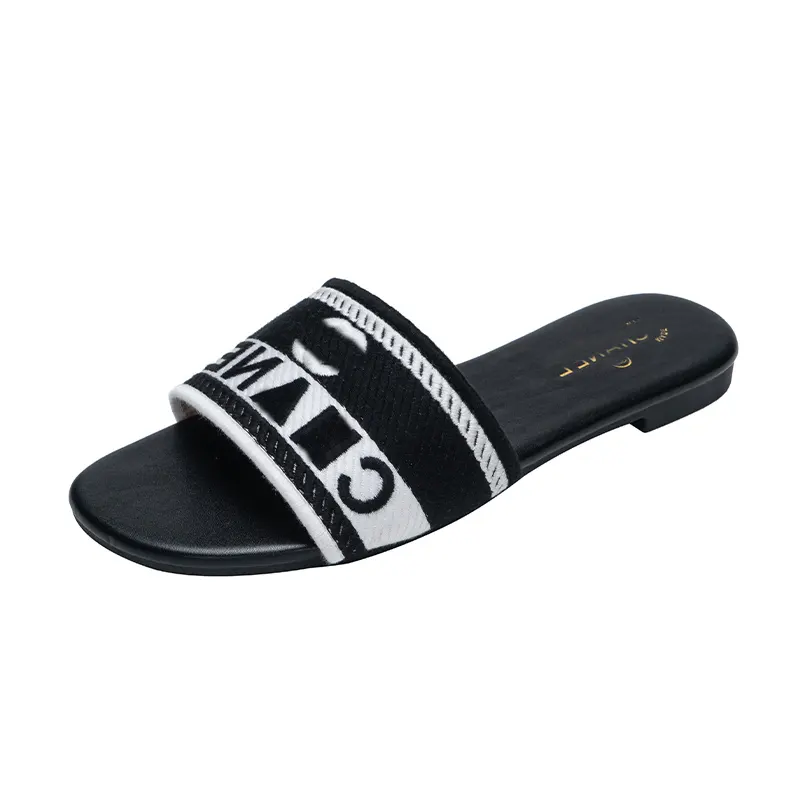 Embroidered Fabric Slide Slippers Designer Slides For Women Summer Beach Walk Sandals Fashion Low heel Flat slipper Shoes