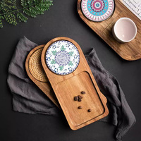 Plateau de service à café élégant en bois avec sous-verre décoratif en céramique, assiette individuelle pour desserts et collations pour café, restaurant, maison