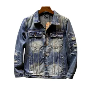 Jaket Jeans Denim bulu Jeans pria kustom untuk grosir dipotong ukuran besar dirancang sesuai pesanan jaket pria Distressed