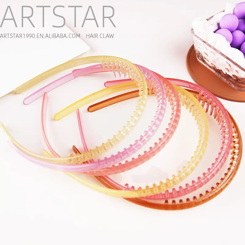 Wholesale Sweet Candy Color Crystal Girls Plastic Headbands 12 pcs one set 1mm Cute Transparent Headbands with teeth for women