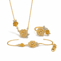 Ensemble de bijoux de luxe en forme de rose, collier, bague, bracelet, cuivre, ton or, zircone synthétique, cadeau de mariage pour femme, élégant