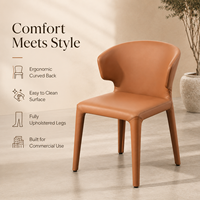 Chaise de salle à manger moderne en cuir cognac entièrement rembourrée, dossier incurvé enveloppant, chaise commerciale en PU pour restaurant, hôtel, café
