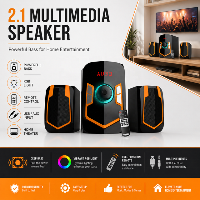 High Quality 12V /220V 2.1 CH USB Card Read BT Subwoofer Multimedia Active Powered Speaker